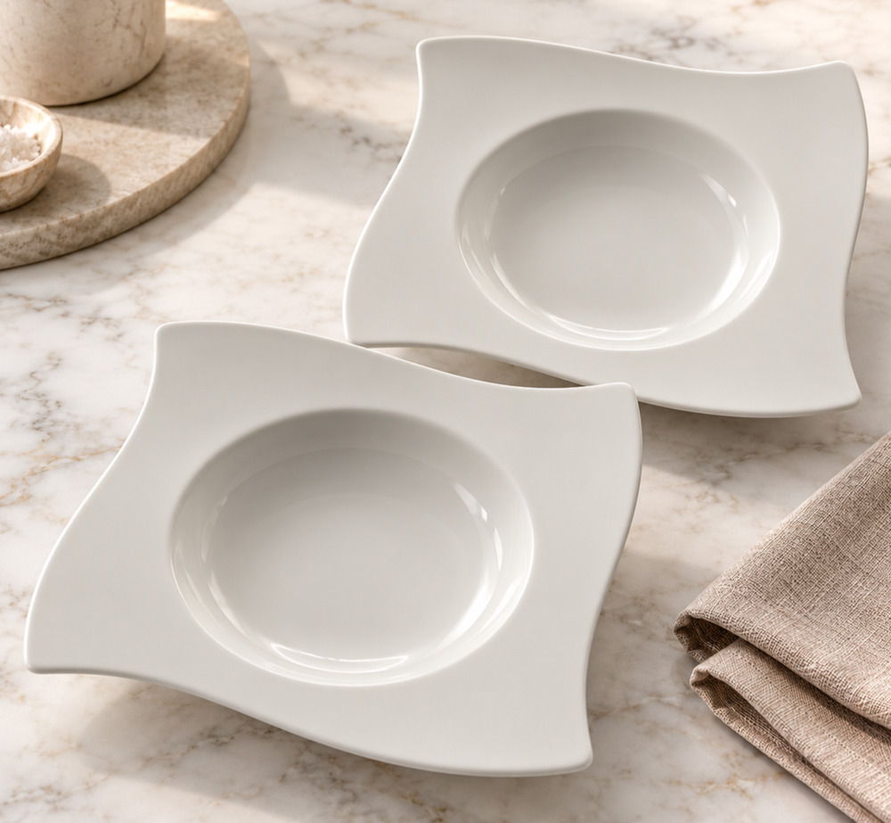 Villeroy & Boch New Wave Soup Bowls Pair 9.25 in White Porcelain Germany Modern